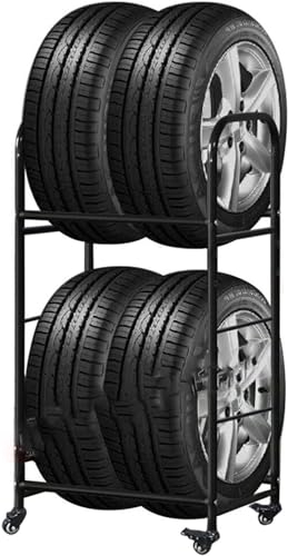 HACSYP Reifenregal, 2-stufiger Multi-Reifenhalter aus schwarzem Metall, Robustes Reifenregal mit 4 Rädern, for Saisonreifen/Wohnmobil-Reifen/ATV-Reifen