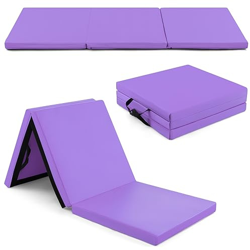 GYMAX Esterilla de Gimnasia 180 x 60 x 5 cm, Colchoneta Plegable Gimnasia con Cierre de Velcro y Asas de Transporte, Esterilla para Gimnasia, Yoga y Ejercicio Deportiva (Morado)