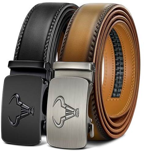 BULLIANT Men belt 2Pack,Leather Ratchet Belt for Gift Men Dress Casual Jeans 1 3/8,Cut for Fit(Black/Tawny,32-38 Waist Adjustable)