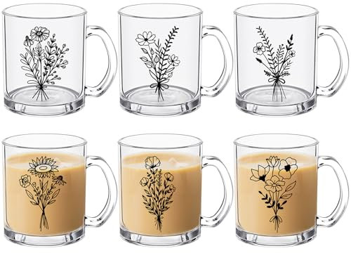 FoldTier Glas-Kaffeetassen mit Henkel, Boho-Blumenmuster, 6 Stück, Wildblumen-Glas, Eiskaffeetassen, ästhetische Tassen, Tee, Wasser, Bierbecher, Muttertagsgeschenk, Brautjungfergeschenk,