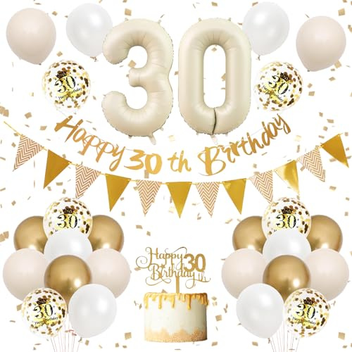 21st Birthday Decorations Sand White Gold,Happy 21st Banner with Cake Toppers,Confetti Balloons,Beige Number 21 Balloons for Women Men Birthday Party