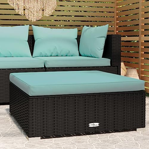 HEFZGDB Garten-Fußhocker mit Kissen Schwarz 70x70x30 cm Poly Rattan Lounge Sofa Terrassenmöbel Outdoor Sofa Geeignet für Garten, Terrasse, Pool.