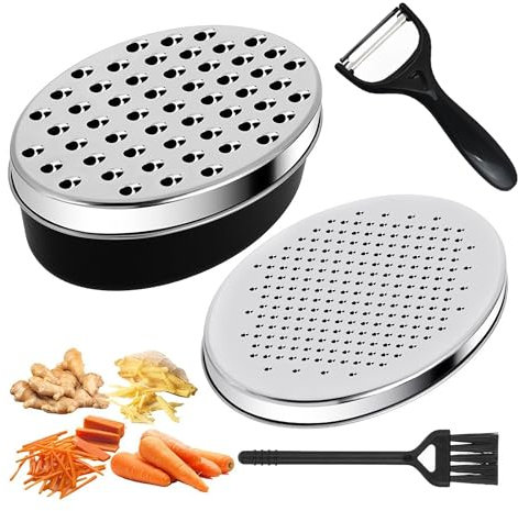 Cheese Grater with Container, Graters for Kitchen with 2 Size Lid, Cheese Shredder Stainless Steel Box Grater with Storage Container for Vegetable Cheese Chocolate Lemon(Black)