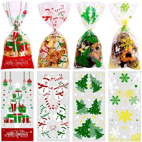 DERAYEE 120 Pezzi Sacchetti Biscotti Natale,Bustine Trasparenti Confezioni | Sacchetti Alimentari di Cellophane con Cravatte per Regali Caramelle