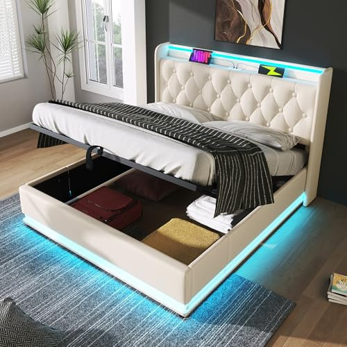 Merax Polsterbett 160x200cm, Doppelbett Hydraulisch Stauraumbett, LED Funktionsbett mit USB Ladefunktion, Design Kopfteil, Holz Lattenrost, Metallrahmen, PU-Material, Jugendbett, ohne Matratze, Weiß