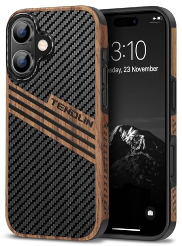 TENDLIN Coque Compatible avec iPhone 16 (Stripes) | Etui Hybride en Bois et Carbone et Cuir Compatible avec iPhone 16