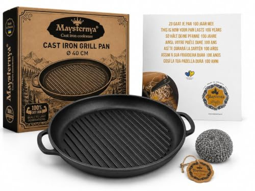 Maysternya Sartén redonda de hierro fundido – Accesorios para barbacoa – Cocina exterior – Barbacoa – Asar – Plancha – Plancha – Negro Mate (Ø 40 x 4 cm)