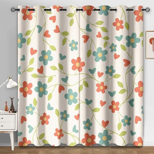 Curtains for Living Room Blue Orange Floral Door Curtain Polyester Washable Blackout Curtains Office Curtains for Bedroom Decoration Eyelet Curtains 2 Panels Curtains 2x110x215 cm