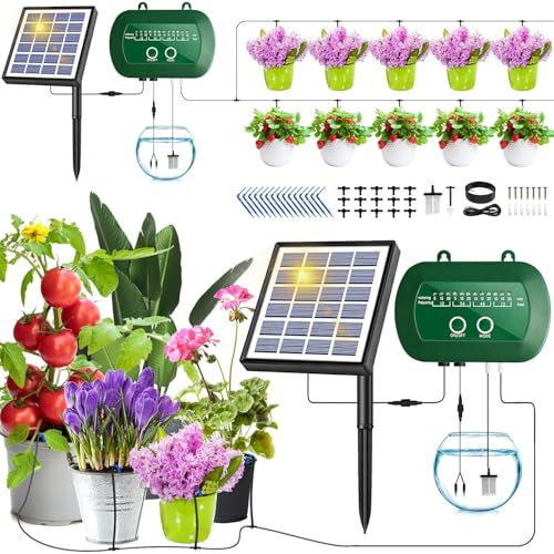 Onherm Kit di Irrigazione Automatica Solare per Vasi, Kit Irrigazione a Goccia Solare con 15M di Tubo di Irrigazione, 12 Modalità di Irrigazione, per Giardin, Balcone, Piante in Vaso, Verdure