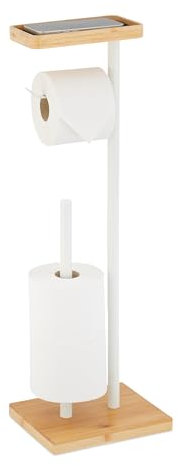 Relaxdays Support pour Votre Papier Toilette, Bambou et métal, 66,5 x 31 x 17 cm, pour la Salle de Bain, Blanc et Nature