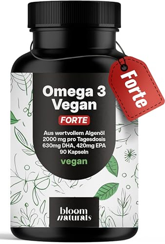 Omega 3 Kapseln FORTE hochdosiert Vegan – 90 Kapseln – 2000 mg Algenöl | 630 mg DHA & 420 mg EPA – vegan, produziert in Deutschland, laborgeprüft