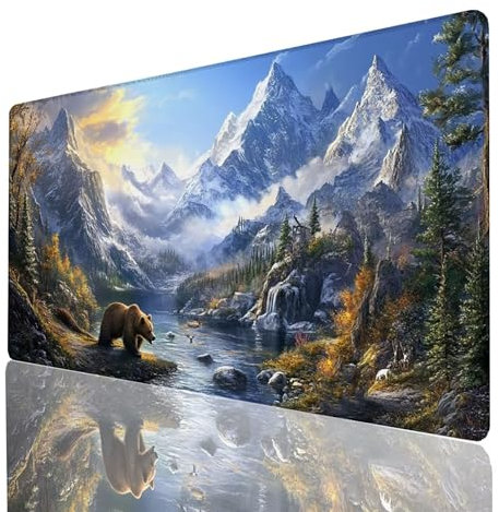 Tapis de Souris XXL 1400x600x3mm, Grand Tapis Bureau Montagne enneigée, Bords Cousus Antidérapant Imperméable, Ours Mouse Pad Compatible Clavier sans Fil et Souris sans Fil, Gaming Accessoire GYL730
