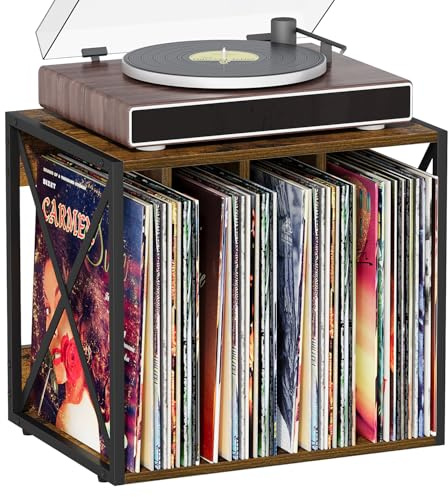 VYUOL Vinyl Record Storage,Vinyl Record Holder Up to 80-100 Albums,4-Compartment Record Player Stand for Magazine,Book,CD,Files,Albums