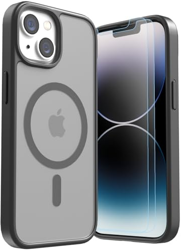 LUNOVATE Magnetic Shockproof for iPhone 14/13 Case, 14FT Protective Cover, Anti-Slip Texture Translucent Matte Phone Case with 2 Screen Protector for iPhone 14 / iPhone 13 - Black Matte