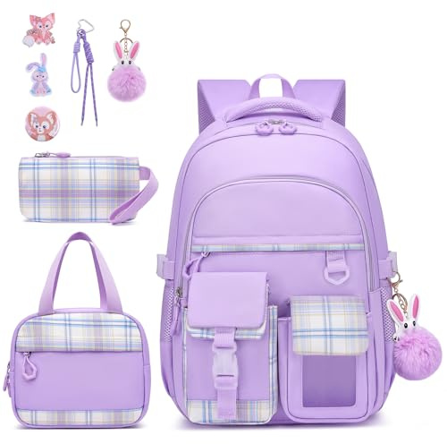 HANXIUCAO School Bag Sets - Large Capacity Kawaii Backpacks for Girls with Laptop Compartment for Primary and Secondary Students (Girls Backpack+Insulated Lunch Bag+Pencil Case Purple)