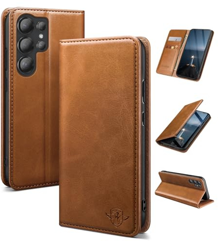 SUANDUCK für Handyhülle Samsung Galaxy S24 Ultra Hochwertige Klapphülle aus Leder mit RFID-blockierendem Kartenfach verstellbarem Ständer und 360°Fallschutz mit Samsung S24 Ultra Hellbraun