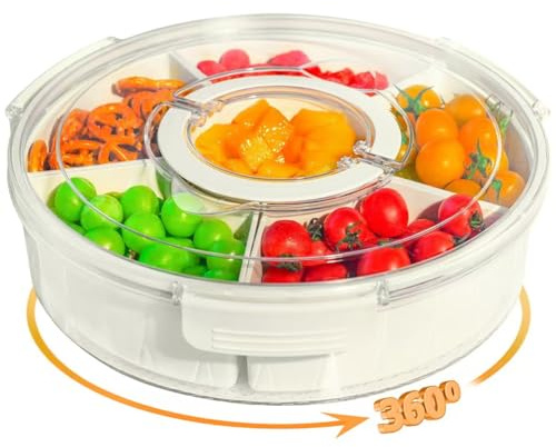 YAMAIDUO Snackbox mit Fächern Kinder, Rund Drehbar Snack Box mit Fächern, Spülmaschinenfest Snackteller mit Deckel, Groß Snack Spinner, Snackdose mit Fächern für Picknick, Party, SüßIgkeiten, Obst