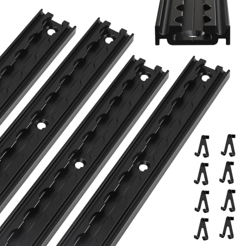Fiqops Rails d'avion, 4 x 1 m, en aluminium, avec 8 crochets doubles, percés, rails d'arrimage anodisés noirs, pour camionnettes, caravanes, camions