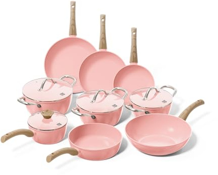 Cook&Pan Pfannenset und Topfset Induktion - Kochset mit [Greenshield] Antihaftbeschichtung PFAS & Teflon-frei - 9-teilig aus Keramik-Töpfe und Pfannen [Ofen- & Spühlmaschinenfest] - Rose