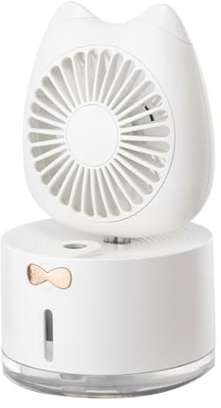 LABRIMP Cat Mini Fan Humidifying Fan Colorful Lamp USB Rechargeable Desk Table Top Portable White