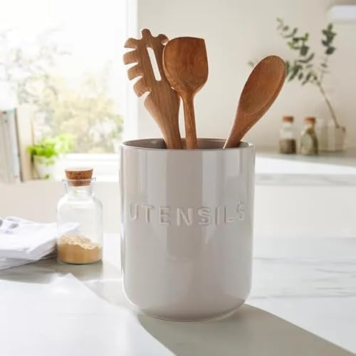 New Grey Ceramic Utensil Holder – Embossed with Utensils Text, Strong and Durable Design for Wooden Spoons, Serving Spoons,Everyday Kitchen Use, Stylish Countertop Decor – M74