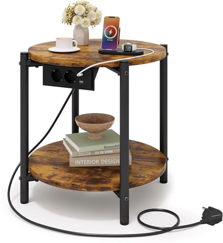 IRONCK Tavolino, Tavolino Rotondo con Multipresa, piccolo tavolino da divano, Tavolino Salotto 2 Ripiani, porta USB e tipo C, Comodino per camera da letto Balcone Patio (Marrone Vintage, 1 pezzo)