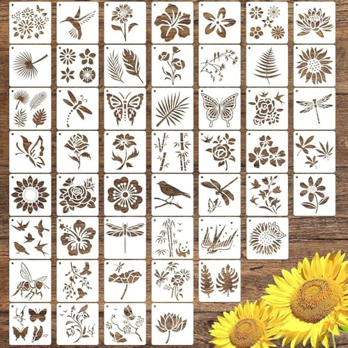 Biglumin 50pcs plantillas de flores 7.6cm, reutilizables de plástico,con diseño de mariposas, para pintar en tela pájaros y Para la pared con bricolaje plantillas de flores grandes
