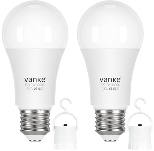 Vanke Rechargeable Light Bulbs E27 Edison Screw, 7W (60W Equiv) LED Emergency Lamps with Battery Backup for Power Cuts, Self-Charging via Mains, 3000K Warm White, 2-Pack