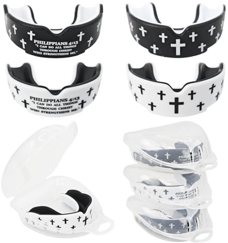 Piemow 4 Pcs Mouth Guard - Faith Cross Mouthguard with Case, Religious Mouth Guards Braces for Football Boxing Basketball Lacrosse Hockey and All Contact Sports