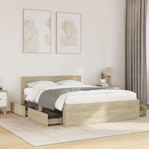 HaoChrymec Bettgestell mit Kopfteil aus Holzwerkstoff, Stauraum mit Schubladen, Modernes Design, polsterbett, jugendbett, Für Schlafzimmer, Sonoma-Eiche, 140x200 cm