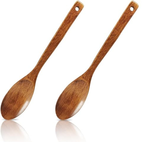 2PCS Wooden Spoons for Cooking, Natural Wooden Spoon, 12.8inch Anti-Mildew Long Handle Teak Wooden Spoons for Cooking Stirring Mixing Serving, Non-Stick Kitchen Utensils Housewarming Gift