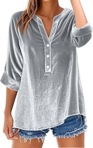 Long Sleeve Velvet Shirts for Women Button Neck Notch Solid Dressy Casual Blouse Plus Size Shirt Tops Fall Clothes (Grey,5X-Large)