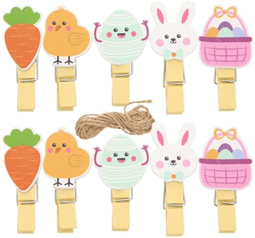 JUMPLAWN 40 Mini Mollette in Legno a Forma di Coniglio Molla, Clip Pasquali per Foto e Lavoretti Creativi, Set Decorativo per Festa di Pasqua Corda Inclusa