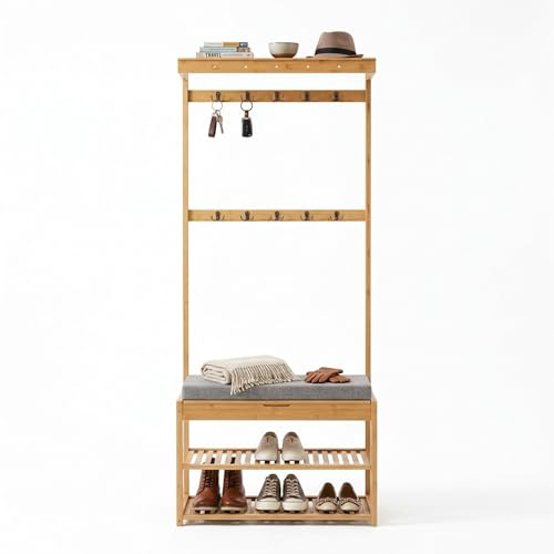 Relaxdays Garderobenständer, Sitzbank, 2 Schuhablagen, 10 Haken, HxBxT: 175x70x33 cm, Bambus, Kleiderständer, natur