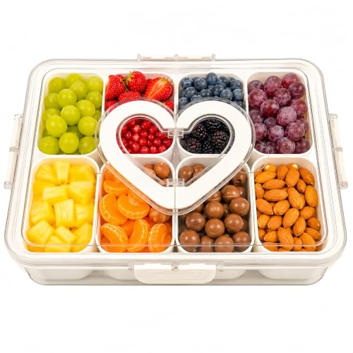 Snackle Box with Lid and Heart-Shape Handle, Multi-Compartment Divided Serving Tray Snack Box, Portable Airtight Food Storage Container for Plane, Travel & Picnics, Party Organiser for Fruit, Sweets