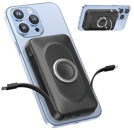 Power Bank iPhone 20000mAh para Magsafe, 22.5W Magnético Bateria Externa Carga Rapida, 4-in-1 Cargador Portátil Inalámbrico con Type-C & iOS Cables, Wireless powerbank with Ring Holder para iPhone