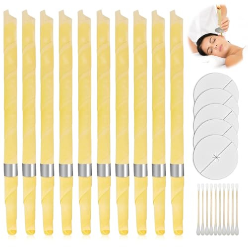 YKTOZU 10 Pièces Avec Bougie Oreille Nettoyante, Protection Bougies d’Oreilles, Auriculaires en Cire d’Abeille Naturelle et Biologique, Cônes de Bougie pour le Nettoyage d’Oreille Bloquée Kit