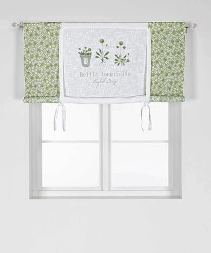 Scheibengardine Raff Gardine Raffrollo Vorhang 'Bellis' 140 x 100 cm (BxH) weiß mit Blumenmuster-Aufdruck in grün grau Baumwolle Skandinavisch Landhaus Shabby French Vintage Retro Antik Nostalgie