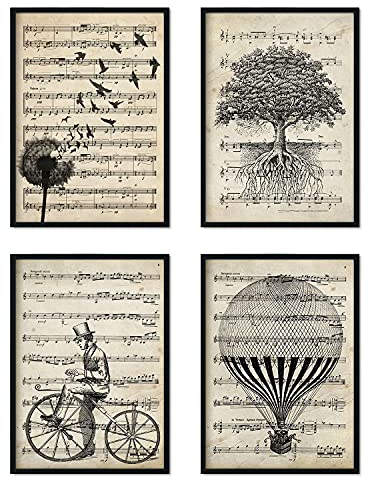 Nacnic set di 4 Stampe artistiche sfondo VINTAGE con pentagramma musicale. Raffigurazione in primo piano di mongolfiera, dente di leone, albero e bicicletta, con note musicali.