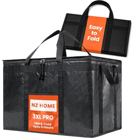NZ Home PRO Sac Isotherme durable et isolé (79L, 3XL, lot de 1) pour la livraison de nourriture et l'épicerie avec dessus zippé, Qualité commerciale noire