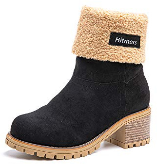 Hitmars Bottes Hiver Femme Boots Mi Botte à Talon Bloc 6CM Bottine Fourrées Chaudes Neige Chaussures Noir EU 36