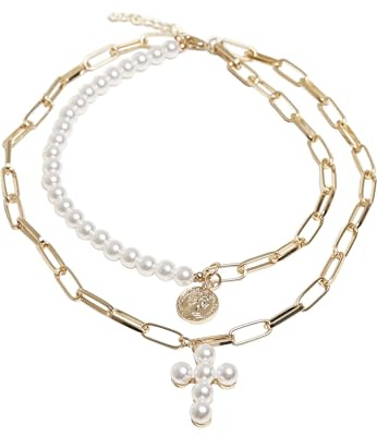 Urban Classics Pearl Cross Layering Necklace, pearlwhite/gold, one size