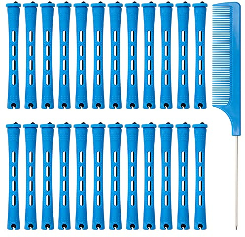 Coolrunner Hair Perm Rods Set, 60PCS Blue Plastic Curler Perming Rods with Steel Pintail Comb, DIY Hair Curler Styling Tools for Hairdressing Hair (0.9cm)