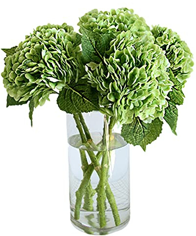 HAOSHICS 3 hortensias artificiales, ramos de hortensias falsas, cabezas de flores de seda con tallo para el hogar, oficina, mesa de boda, centros de mesa, decoración floral (verde)
