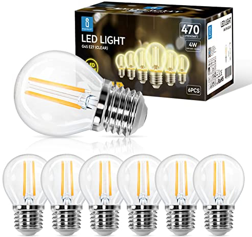 Aigostar Bombilla Led E27 luz calida 2700K,470 Lúmenes, 4W Equivalente a 40 W, G45 Ángulo De Apertura:360°,No Regulable,Pack De 6 Uds
