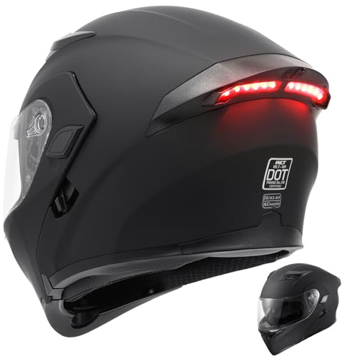 OUMURS DOT Motorcycle Full Face Helmet, Modular Flip-Up Dual Visor with Rear LED Lights, Lightweight & DOT Approved, Matte Black - XXL