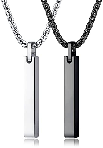 YAODCA Hommes Colliers en Acier Inoxydable Argent et Noir Bar Pendentif Collier pour Hommes Femmes Couples Colliers Hommes Chaîne Collier A