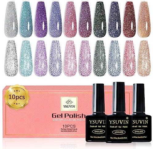 YSUVIN UV Nagellack, 10 Farben Reflektierendes Glitzer Gel Nagellack Set Glänzender Funkelnder Gold Blau Rosa Grün Diamant Nagellack für Frauen Home Nail Art Maniküre, 8ml