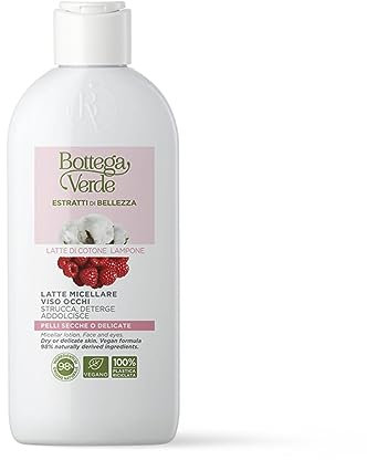 Bottega Verde - Estratti di Bellezza, Latte Micellare Viso e Occhi, 200 ml, Struccante Detergente e Addolcente, con Latte di Cotone e Lampone, per Pelli Secche o Delicate