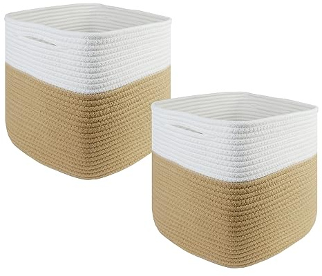 Cesta de almacenamiento, 28 x 28 x 28 cm, cestas cuadradas trenzadas de cuerda de algodón, pequeñas cestas trenzadas para clasificar, para habitaciones infantiles, oficinas, decorativas. (Juego de 2,